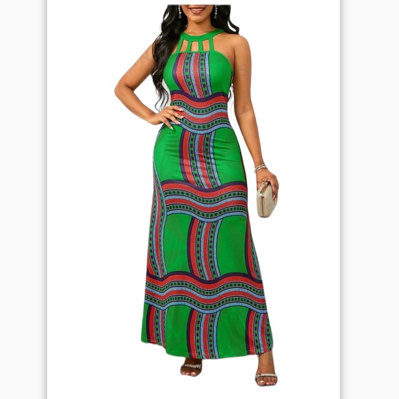 Sexy, Green, Red Geometric Printed Halter Neck, Boho, Swing Tribal Dress, Sz L - Picture 3 of 5